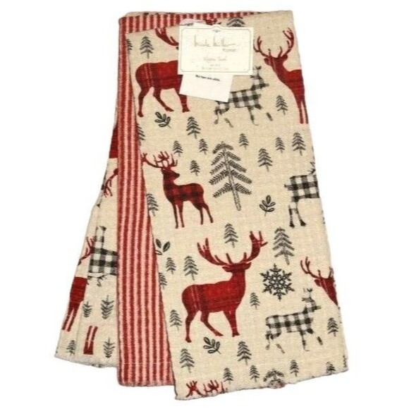 Elk Trees Kitchen Tea Towels 3pc Stripe Waffle Weave Cotton Red Plaid Gift NEW - Picture 1 of 3